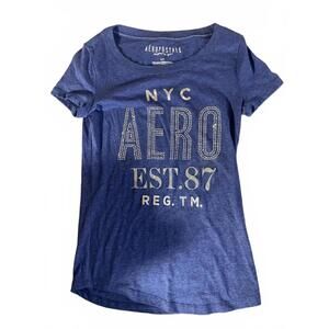 Aeropostale T Shirt Women's Sz Small Blue Silver NYC Stretch